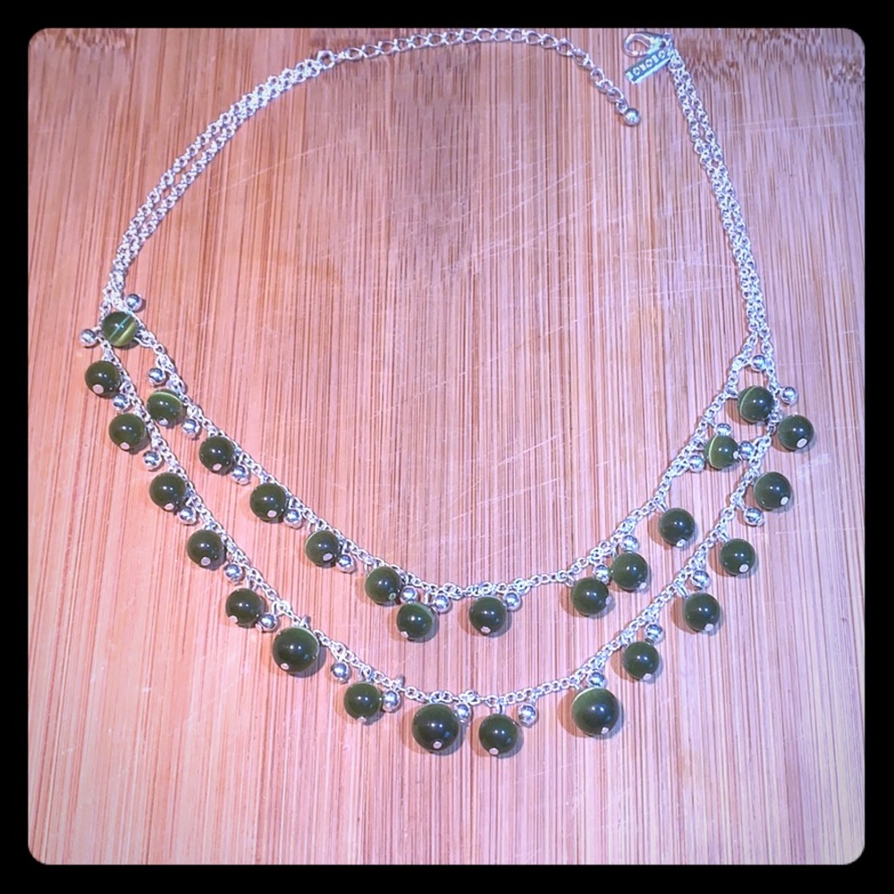 Green glass marble bead necklace dbl chain